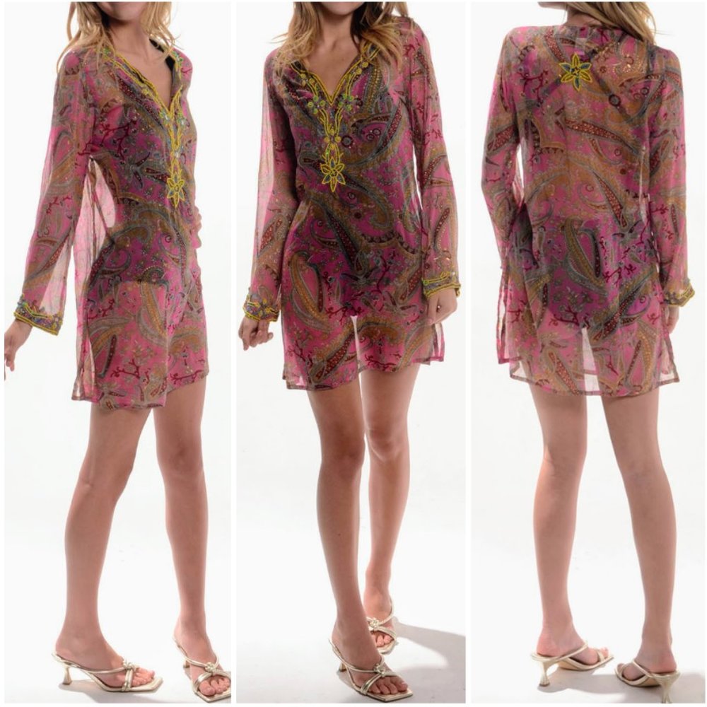 Raj 100% Silk Pink Paisley Embellished Beaded Sheer Dress or Swim Cover Up Sz: S